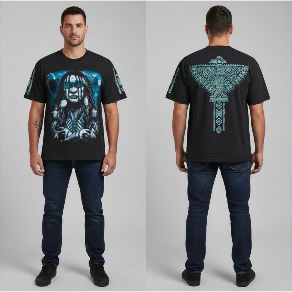 PRO Super Heavy Native American Warrior Eagle Graphic‎ T Shirt Mens 2XL Black